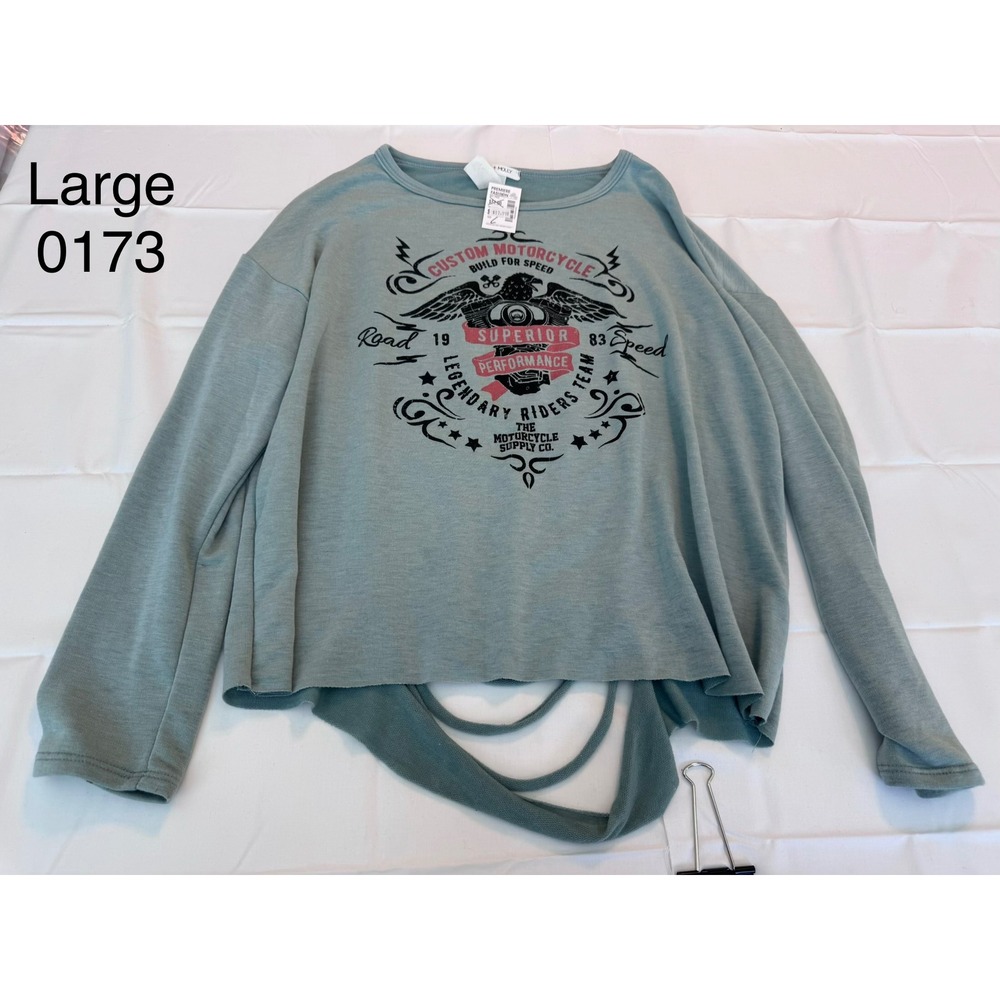 Holly Womens Custom Motorcycle Graphic Top Shredded Back Sage Green Large NEW